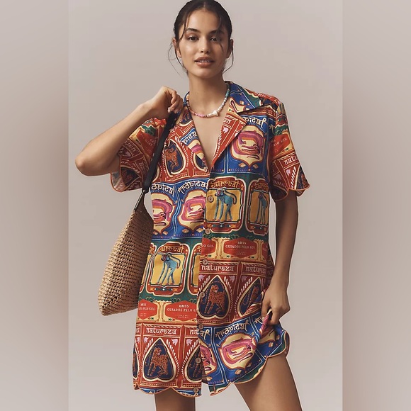 Farm Rio Graphic Scalloped Mini Shirt Dress, Size L - Picture 2 of 14